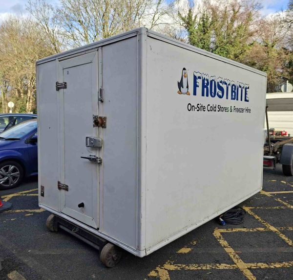 A Frostbite Refrigeration trailer providing essential cold storage for a large construction site welfare hub in Warrington.