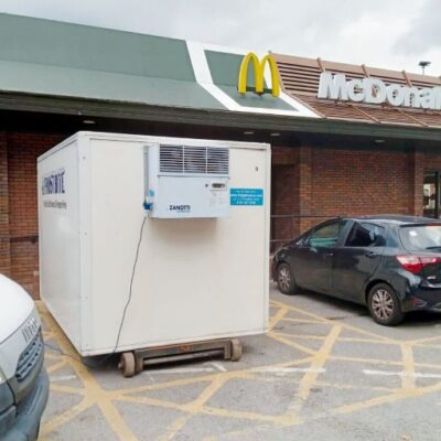 A Frostbite Refrigeration freezer trailer parked outside a busy commercial kitchen in the North West.