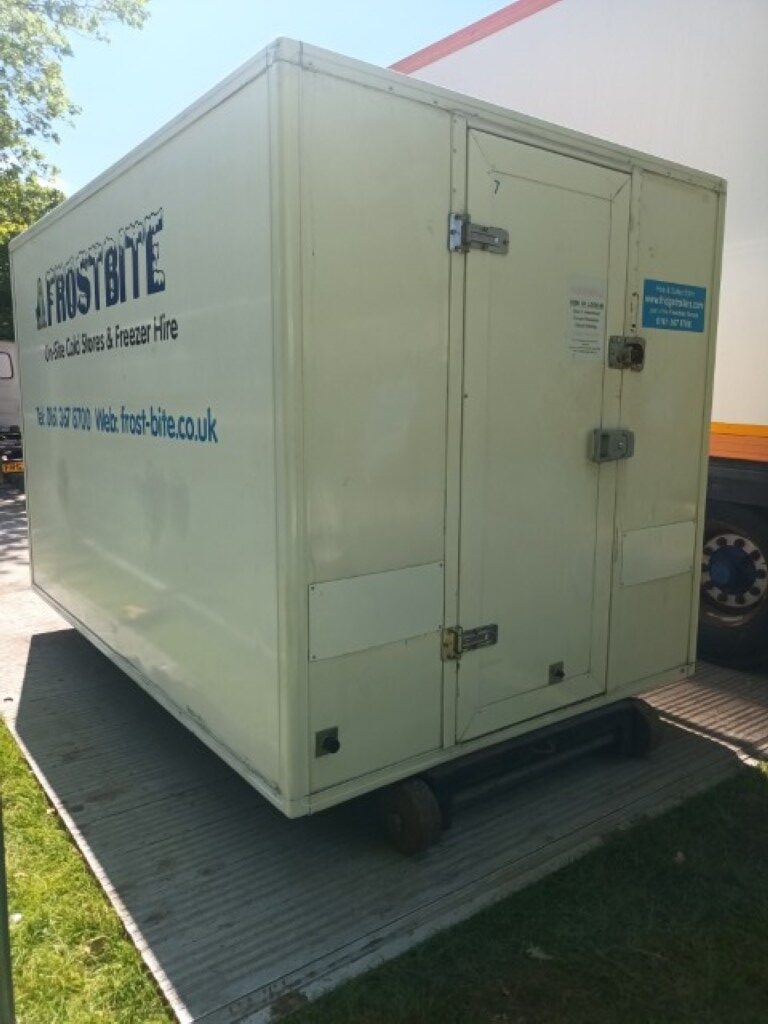 Frostbite Refrigeration emergency mobile cold storage unit deployed at a commercial site in Warrington near the Omega Business Park