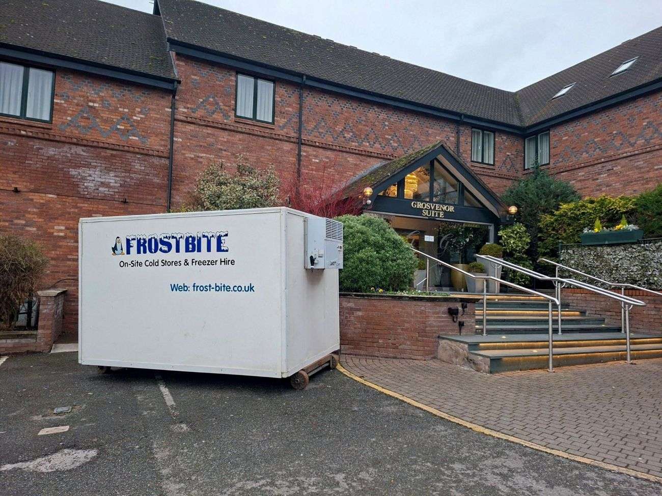 Frostbite Refrigeration freezer trailer hired at the Grosvenor Suite hotel on-site cold storage North West England